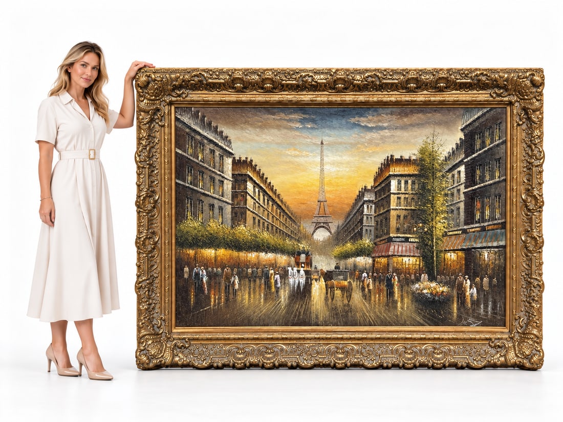 Monumental Paris Eiffel Tower Street Scene Oil Painting in Ornate Gilt Frame: Size: 86 x 65”