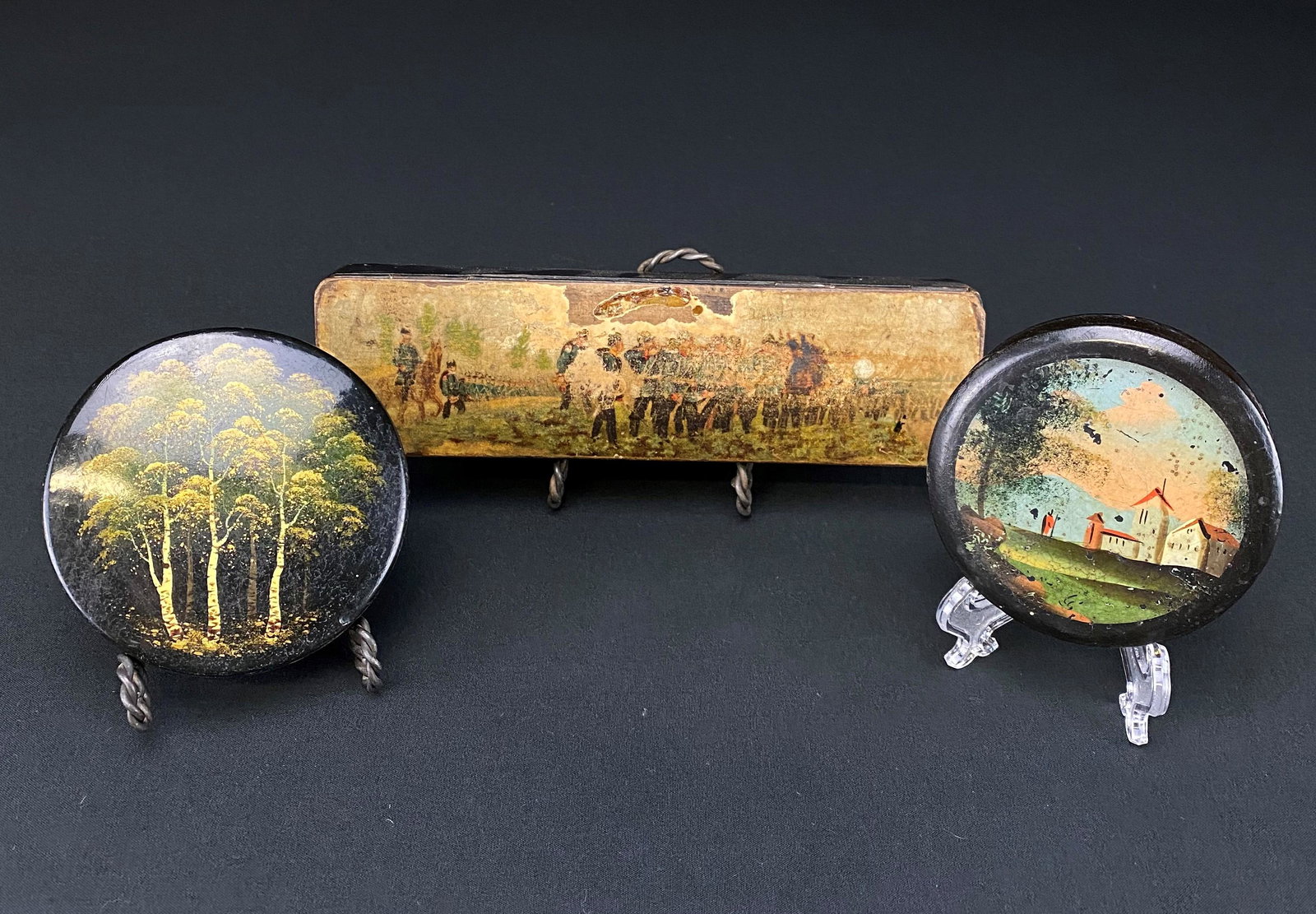 Lot of 3 Antique Black Lacquer Boxes of Various Origins: Lot of 3 antique black lacquer boxes of various origins. The lacquered box with birch trees is possibly Russian. The Box has a nice hand painted scene of birch trees contrasted by a beautiful deep ora
