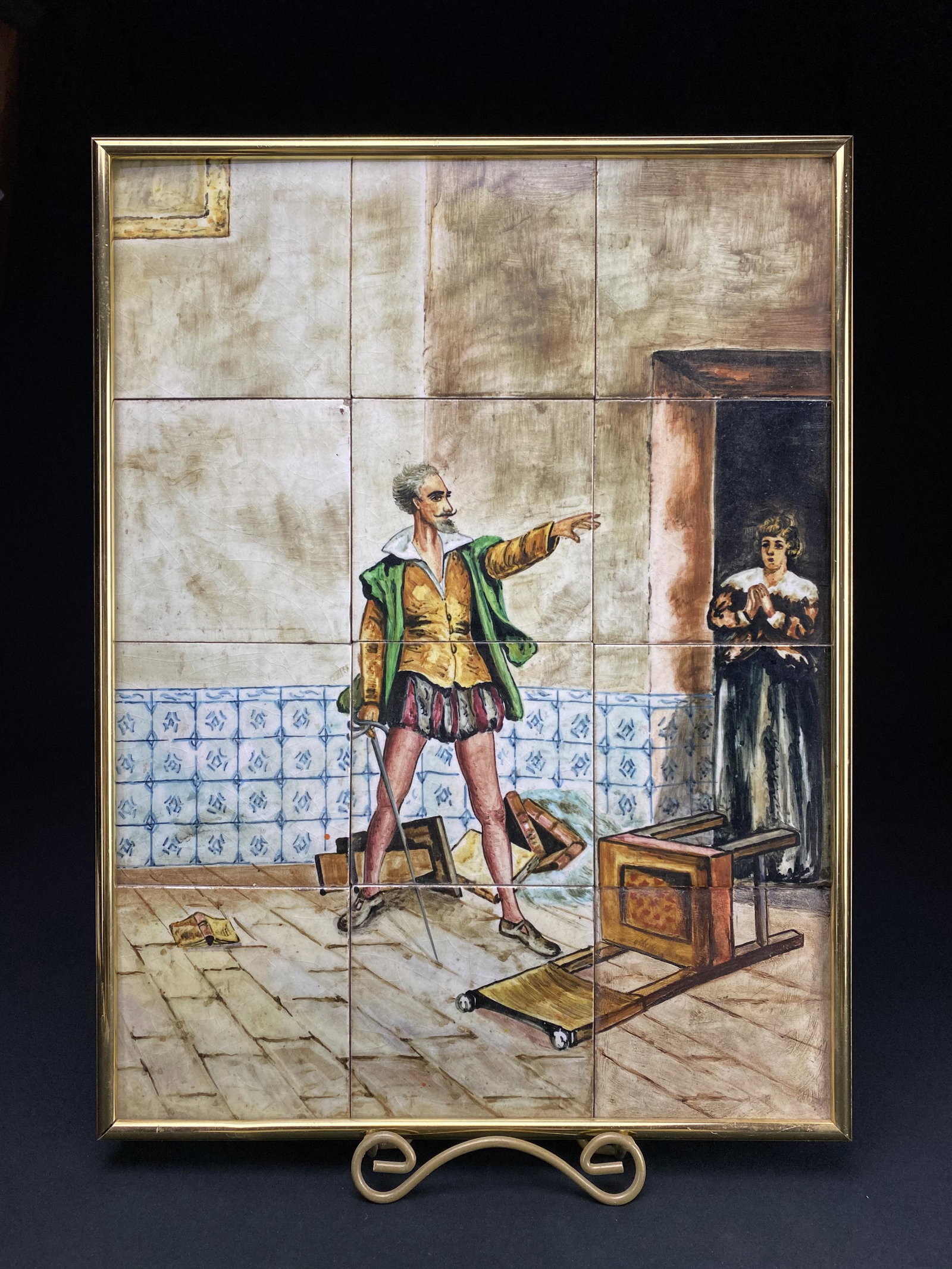 12 Panel Framed Majolica Tile Genre Scene: 12 Panel Framed Majolica Tile Genre Scene. Bottom right tile replaced and restored, chips, cracking, 12.75 by 17.25 sight