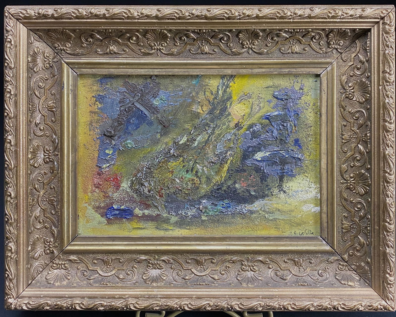 Jean Roger Lafitte French Abstract in Victorian Frame: Jean Roger Lafitte French Abstract in Victorian Frame. Lafitte is a listed Frech artist having lived from 1922-2005. This painting is in good estate condition. It has surface dirt and grime. The sight