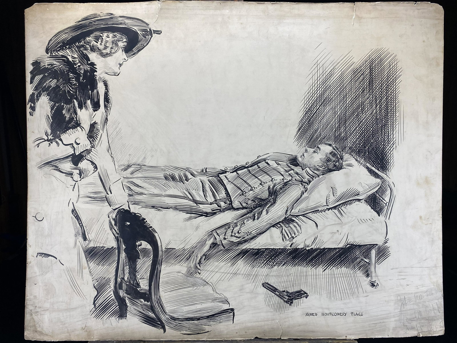 Original illustration by James Montgomery Flagg: Original pen and ink on paper by noted American illustrator James Montgomery Flagg. Pencil annotations include "NO Feb Mag Line on copper". Condition issues include soiling, losses, pencil and ink mar