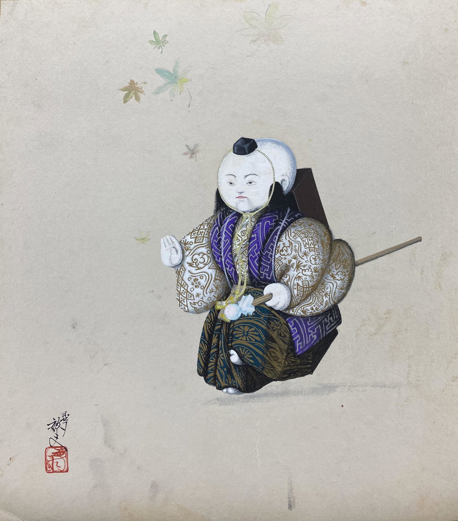 Vintage Japanese gouache on paper with silver leaf: Vintage Japanese gouache on paper with silver leaf depicting urchin with backpack and scepter signed in Japanese dated 1959 Condition issues included two creases, acidity and staining. Overall measure