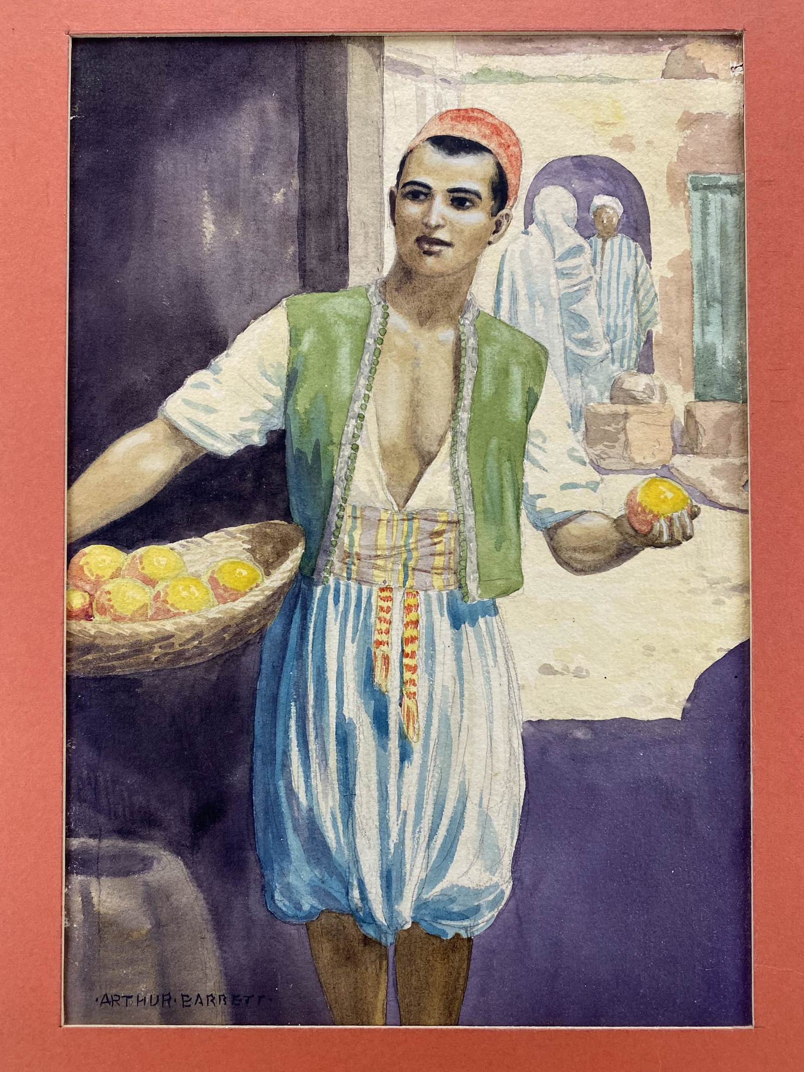 Arthur Barrett watercolor of Middle Eastern vendor: Vintage watercolor painting of Middle Eastern vendor signed Arthur Barrett Some oxidation, small tears. Site size 6.25" X 9".