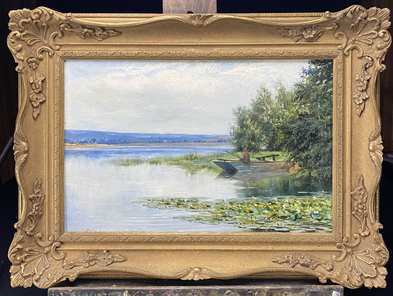 Robert Morley oil on panel Landscape: Antique oil painting on panel of fishermen at lakeside by famous British artist Robert Morley in original frame. In good estate condition with some soiling, surface grime and yellowed varnish. There i
