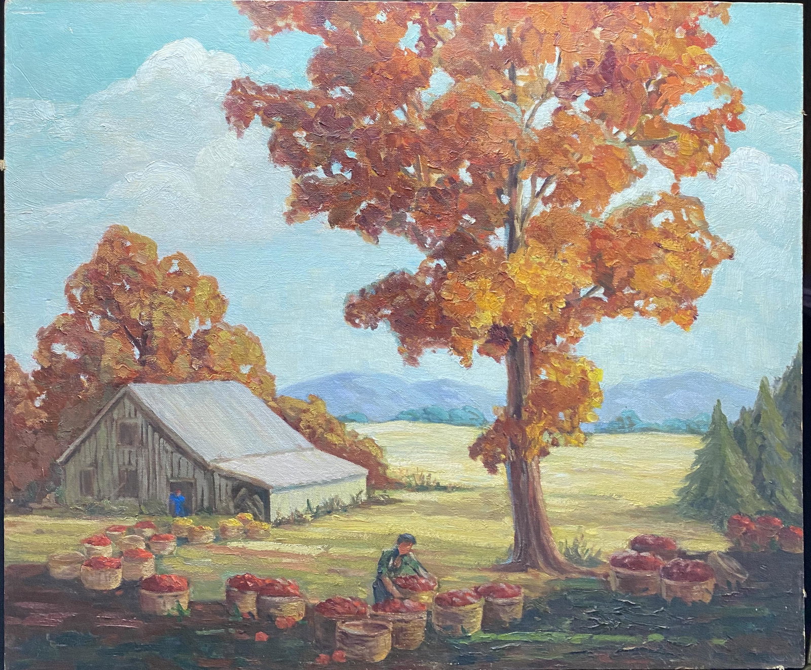 Grace H. Wright "Harvest Time" Oil on Board: Vintage Indiana landscape oil on board titled "Harvest Time" by Grace H. Wright of Des Plaines, IL. Tagged with relevant information reverse side. In good estate condition some dents, scratches and su