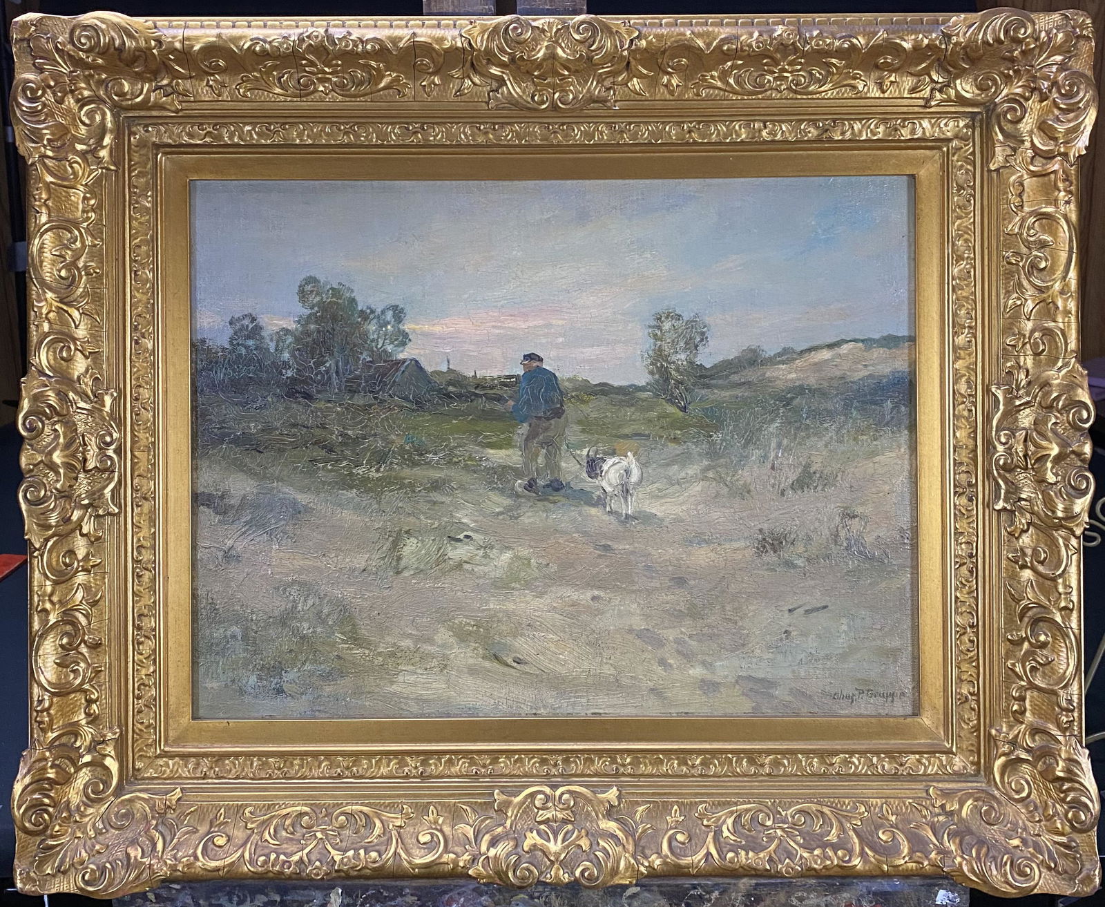 Charles Paul Gruppe landscape framed oil on board: Original oil on board landscape by listed American marine and landscape painter Charles Paul Gruppe (1860-1940). This piece remains in its original fixed corner gallery frame. Artwork is signed lower