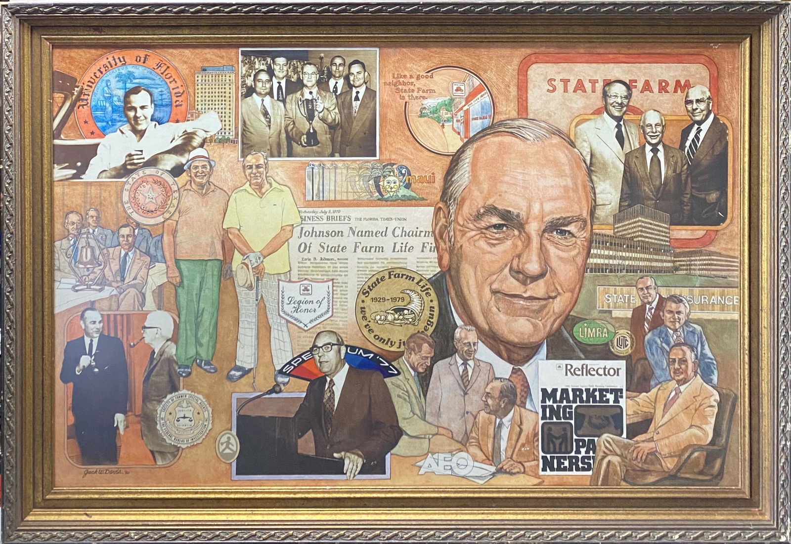 Jack Davis mixed media State Farm Insurance Company: Original mixed media State Farm Insurance Company commemorative collage by Jack W. Davis, dated 1980. In fine estate condition, work has slight damage right hand corner. Frame has slight abrasions. Si