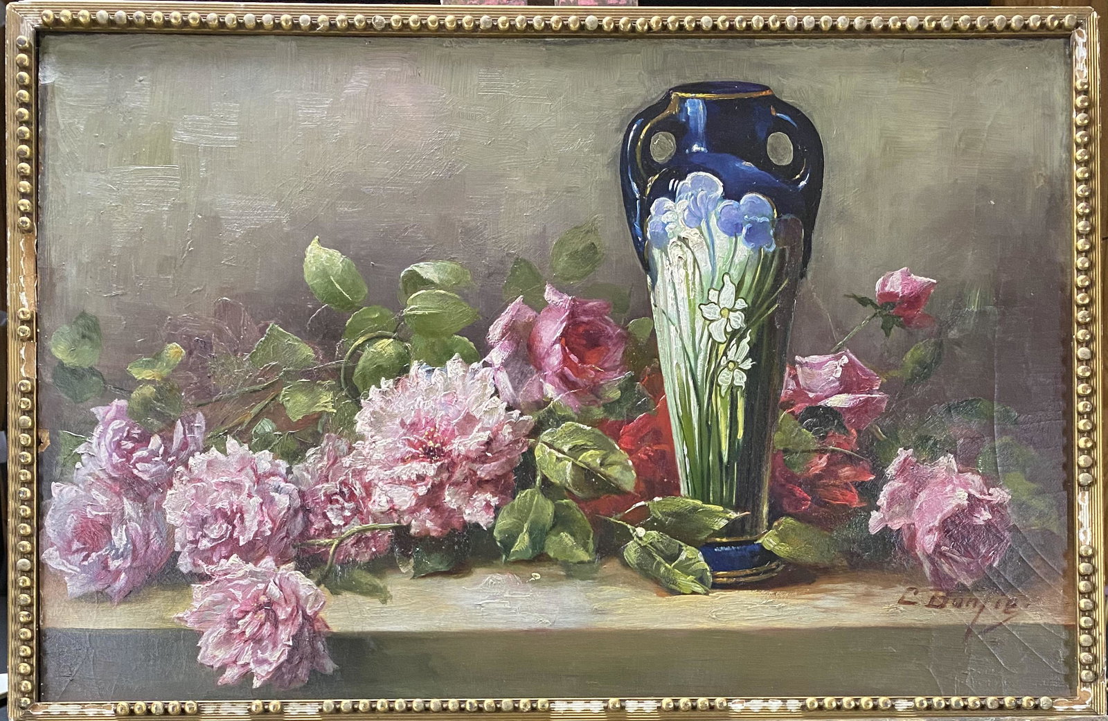 C. Bonfie Victorian still life with Art Nouveau Vase: Victorian still life with Art Nouveau vase, signed C. Bonfie. This oil painting is on a Baltimore Academy board. In fine estate condition with some craquelure. Damage to board from nails holding it in