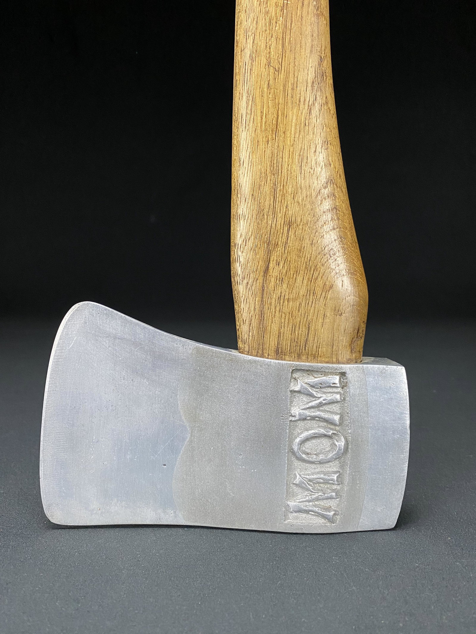 Very rare Woodman of the World aluminum ceremonial axe: Very rare Woodman of the World aluminum ceremonial axe by Pettiebone Manufacturing Company. Brass manufacturer's tag on handle base. Piece is in overall good estate condition with a few scratches. App