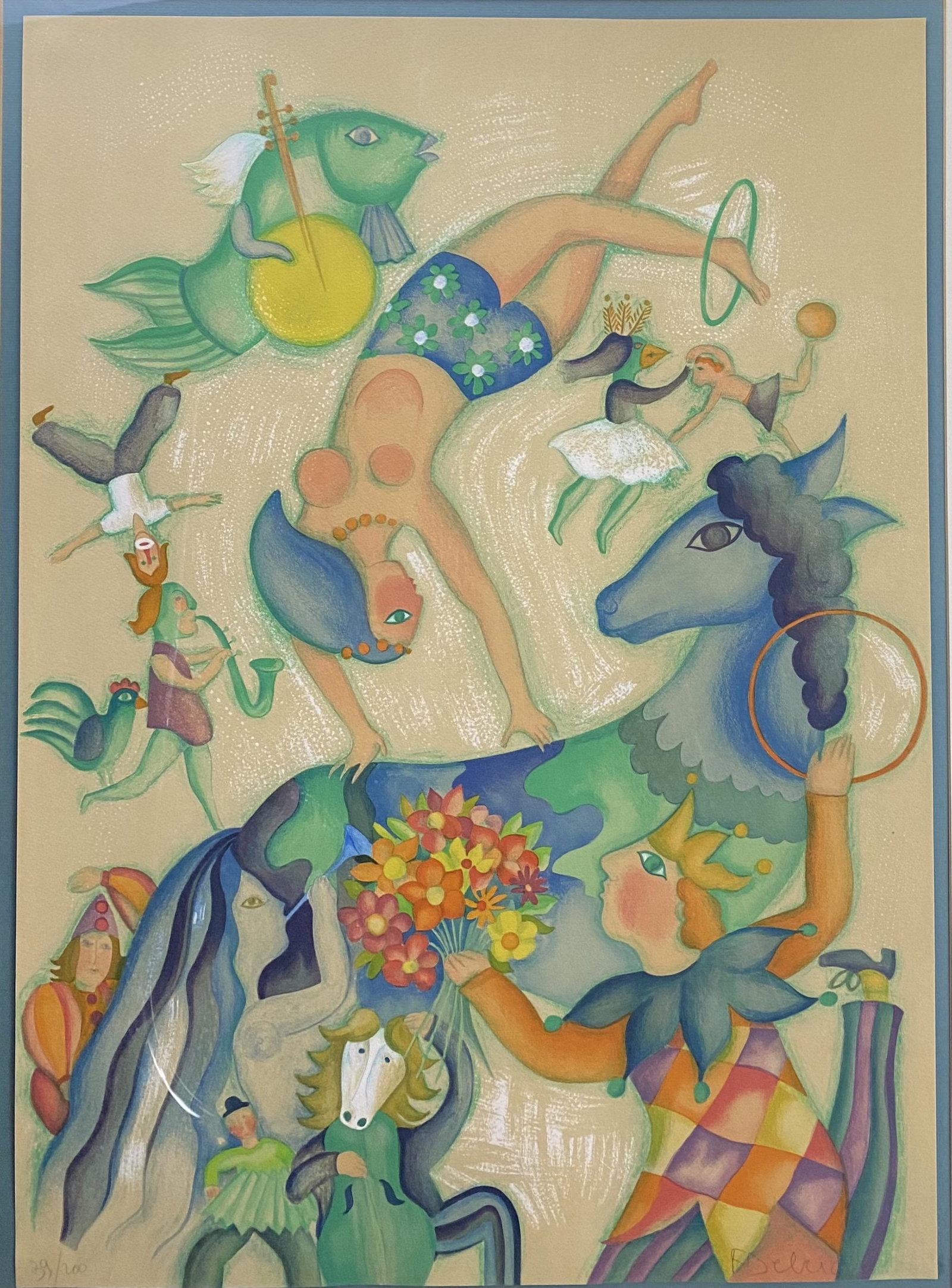 Original lithography of acrobat by Francois Deberdt: Original lithograph of acrobat by Francois Deberdt. Signed lower right "F, Deberdt". Run 39 of 200. In good estate condition. Some oxidation. Sight size 20.75" X 28.75". Framed - 27.75" X 35.5".