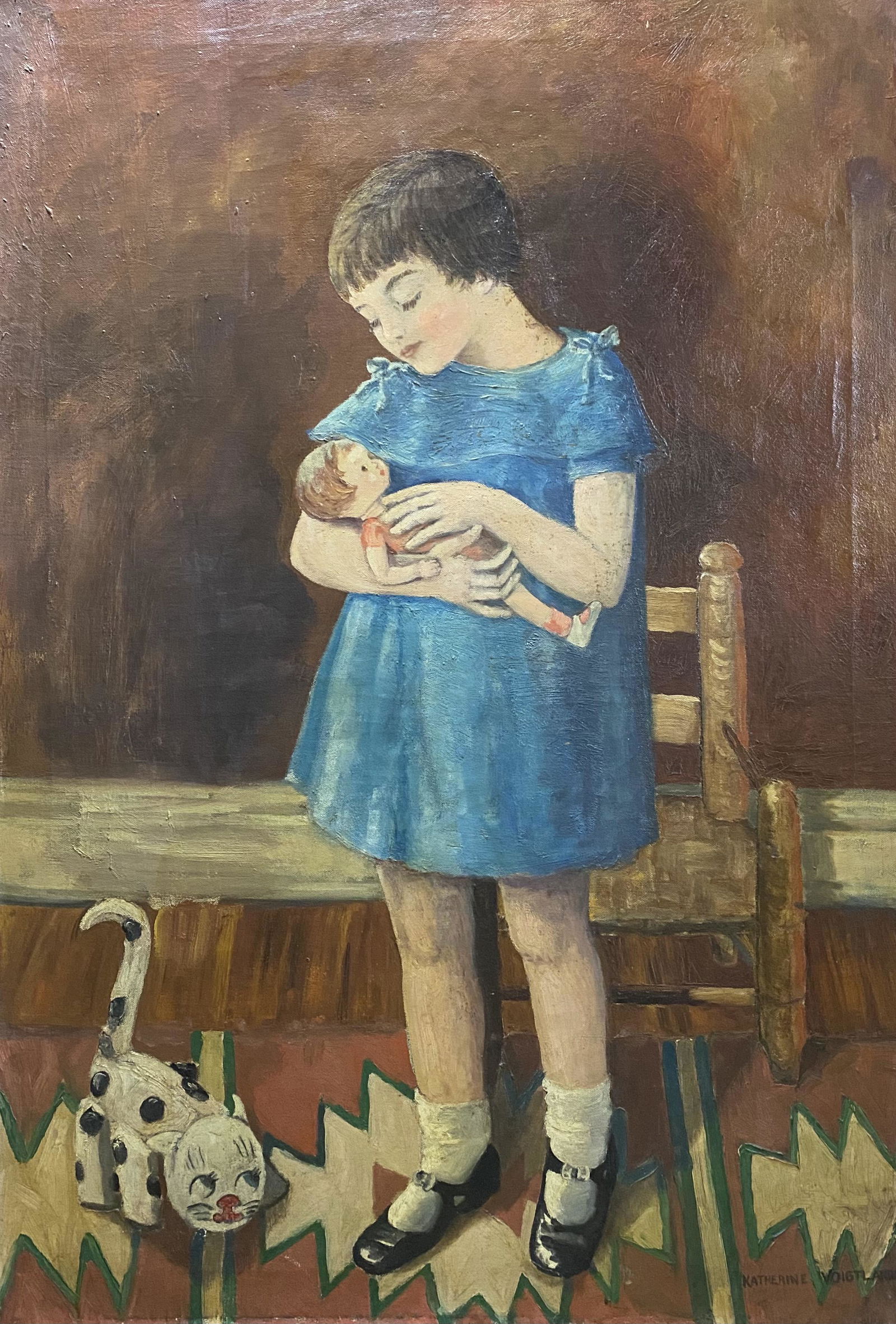 Katherine Voigtlander o/c portrait girl with doll: Antique oil on canvas portrait of girl with doll by renowned St. Louis artist Katherine Voigtlander. Dated reverse side August 1889. Thickly painted with great brushwork. Cleaned and restored in past,
