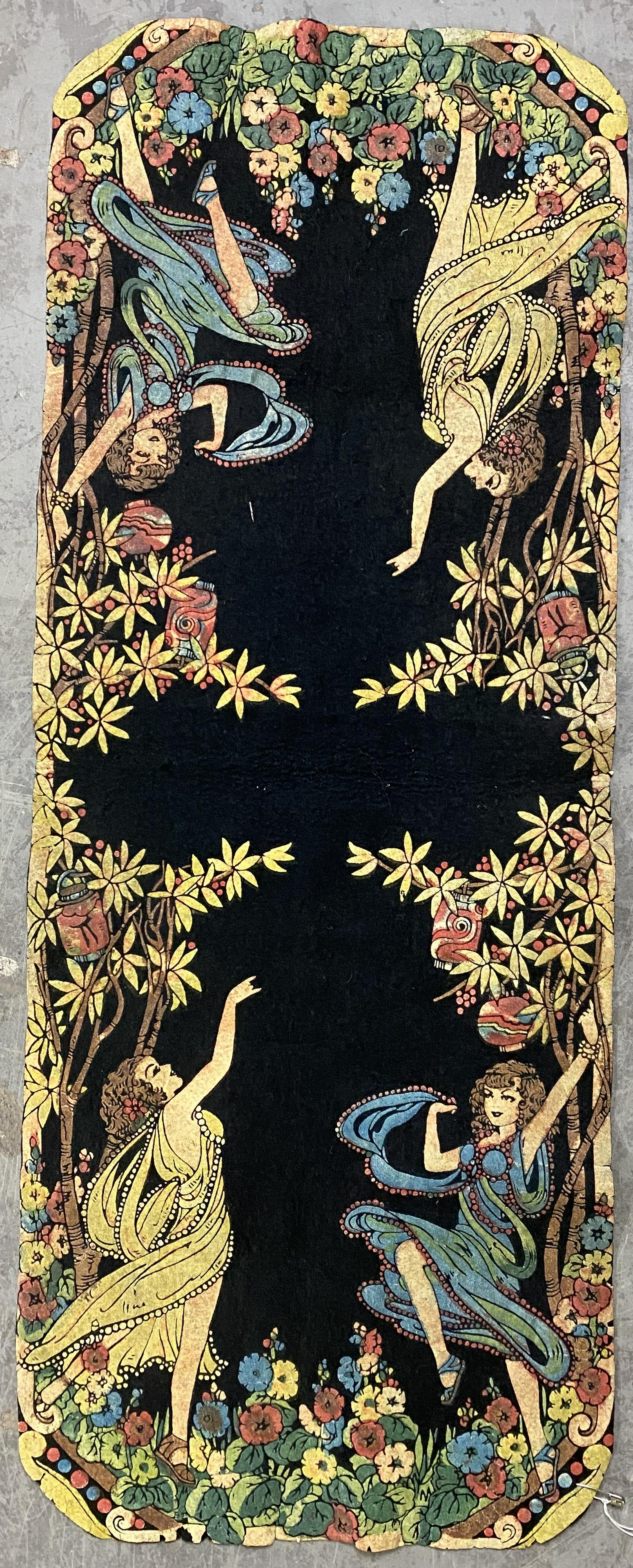 Art Deco, hand-painted felt table runner: Art Deco, hand-painted felt table runner. DG3 Measuring 11" X 29". In good estate condition, frayed edges, paint loss and fading.