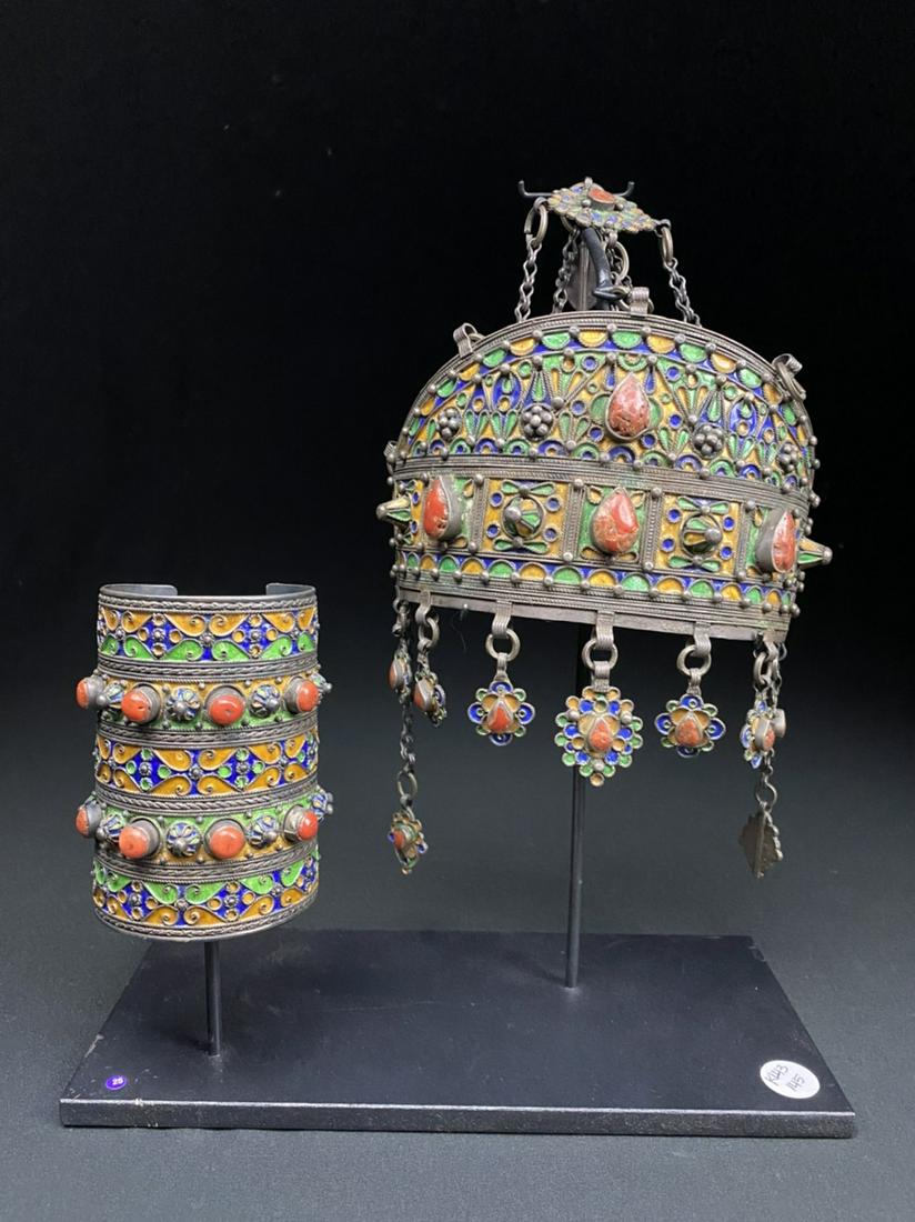 Antique Yemeni Marriage Crown and Bracelet: Part of a traditional Islamic bride's ensemble, made from silver plated metal, red Coral, and enameling. A striking set.