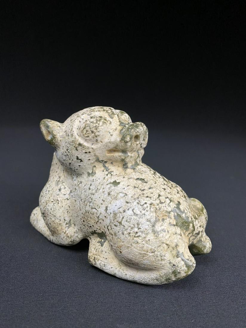Chinese Archaic-Style, Green Jade Carving: Hand-carved, recumbent mythological beast or "Buddhist lion", age-uncertain. The deep green jade bears no evidence of modern tooling, and is highly calcified. Ex-estate of Illinois university professo