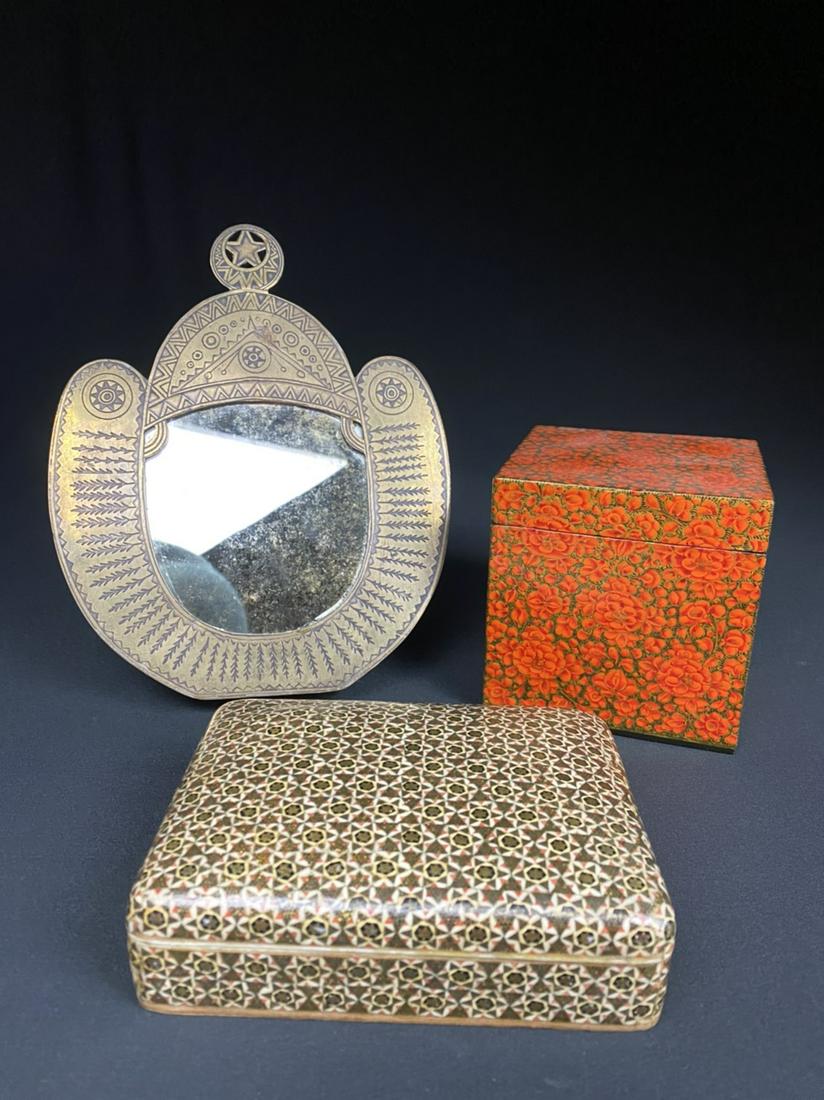 Lot of 3 Asian Decorative objects: Set of 3 Asian DÃ©cor objects, 2 wooden boxes, 1 is enamel paint the other is mixed media, brass, wood, stone and bone inlay. Third object is table top mirror.