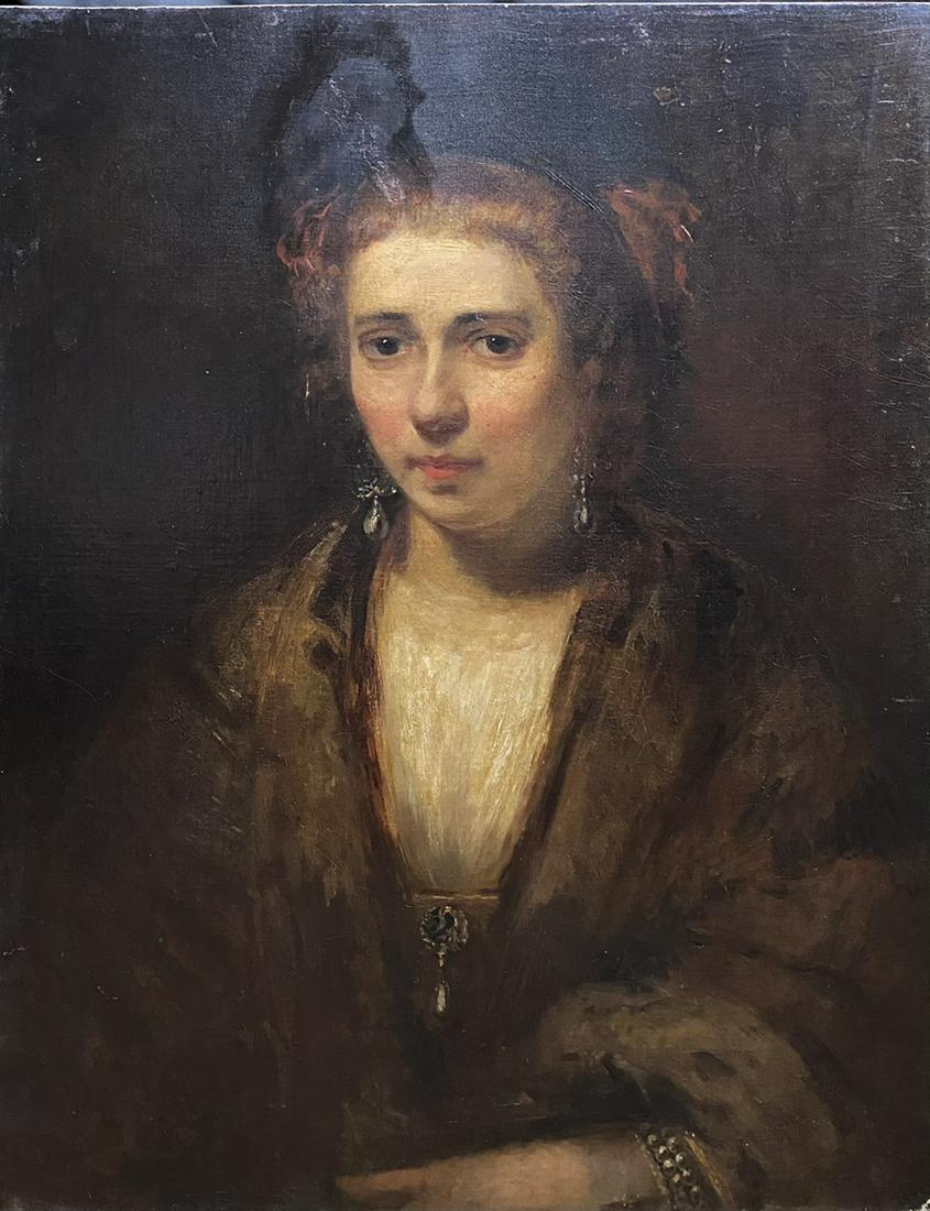 Antique Oil on Canvas of Rembrandt's Mistress: Antique oil on canvas laid to masonite. Board size: 21" wide x 27" tall.