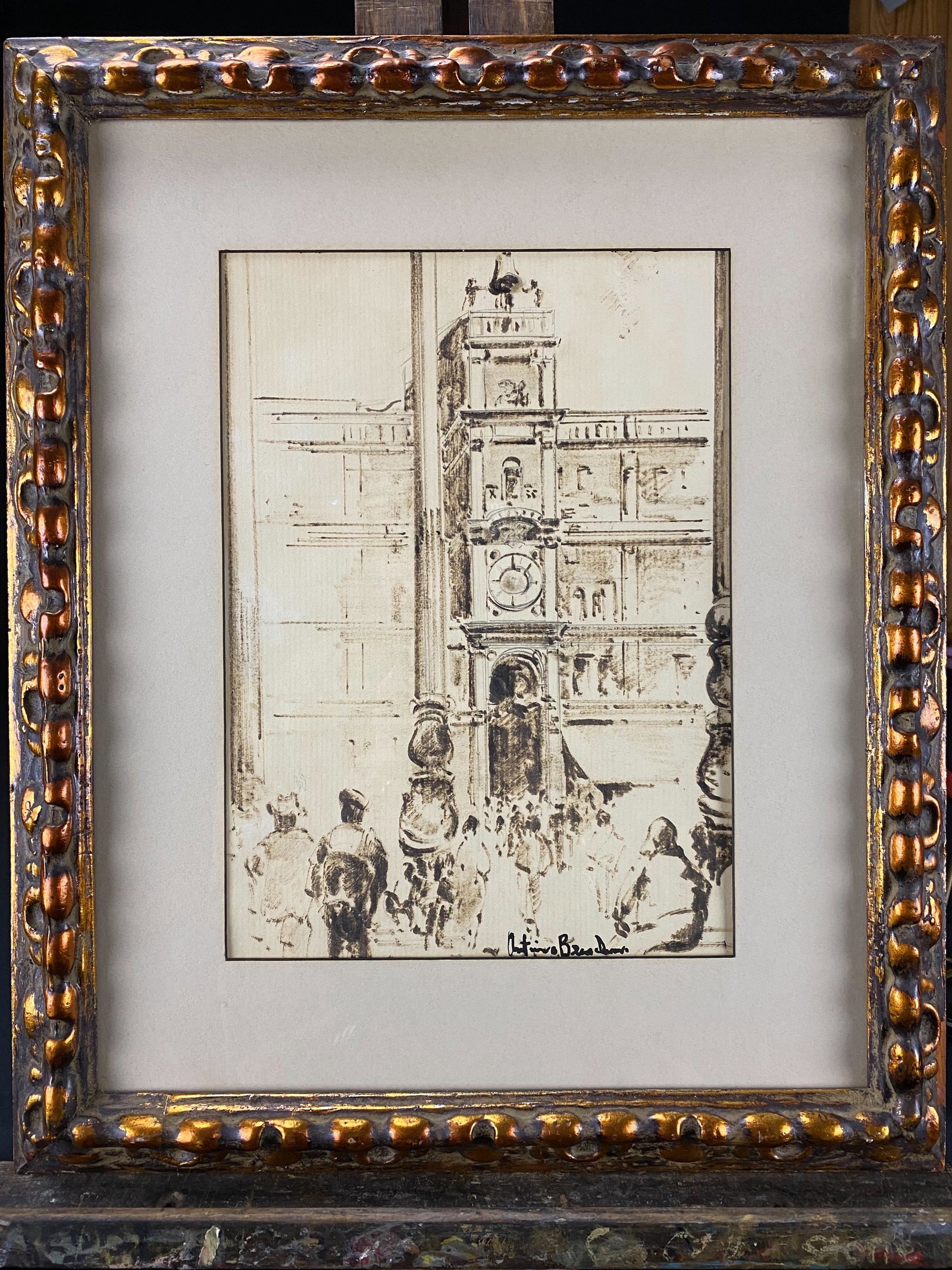 Original ink drawing Antimo Beneduce ex Vincent Price: Original ink drawing by Antimo Beneduce titled tower with bell and clock, ex Vincent Price Collection. Ink signed bottom center. Piece has two Vincent Price collection tags reverse side. Ink drawing h