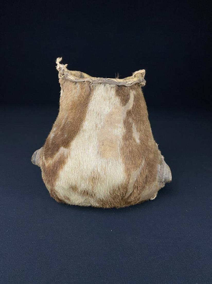 Western Primitive Cow Hoof container or Bag Possibly: Western cow hoof container made from the hide and hoof of a cow. The container or bag could possibly be a Native American artifact. It measures 7 inches tall and 7 inches wide.