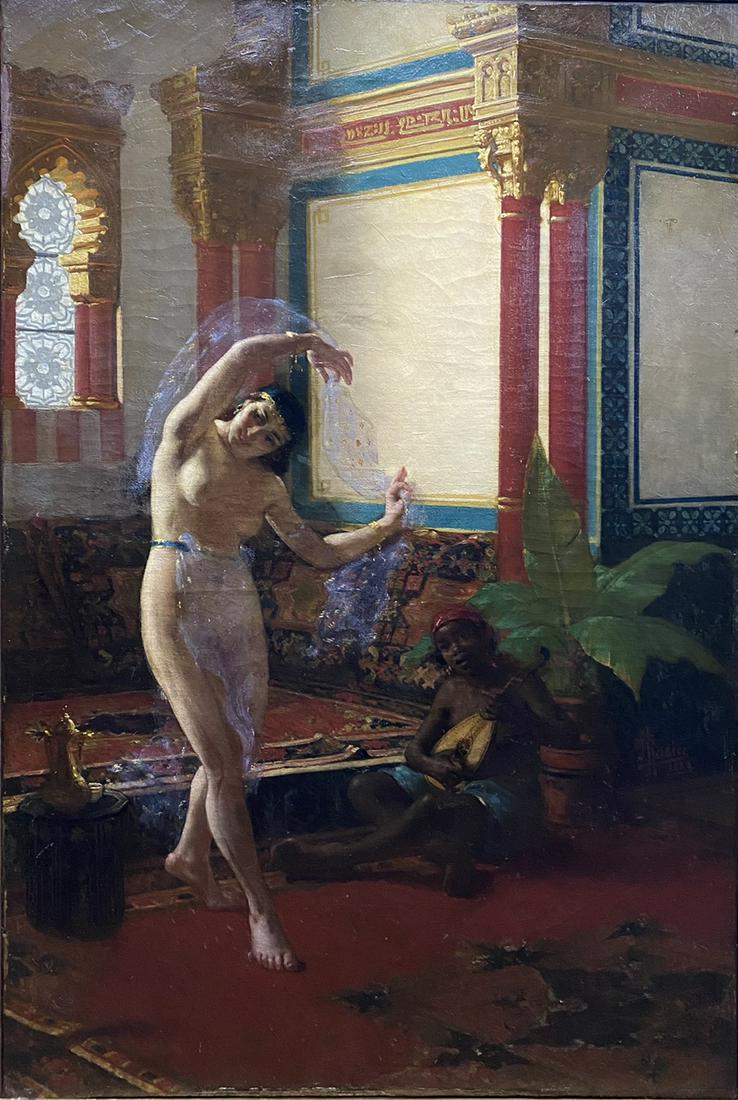 Jan Rosier Orientalist Nude Dated 1882 O/C: Jan Willem Rosier (Belgium 1858-1931). The painting is signed on the right one third up from bottom "Rosier" and dated "1882". The canvas size is: 31.75" tall X 21" Wide.