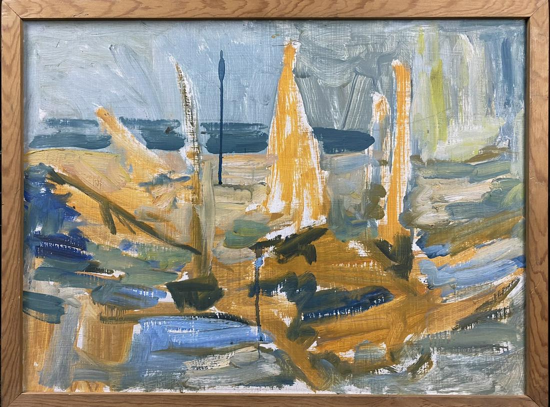 Mid-Century Expressionist Harbor Scene O/B: Mid-Century oil on board painting of harbor scene. The painting is done in a loose abstract loose style. The board size is 17" tall X 22 7/8" wide.