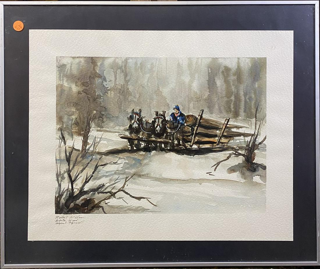 Robert Wilson Watercolor Titled " Winter Wood": Original watercolor painting by Robert Wilson. The watercolor is signed in lower left corner and titled "Winter Wood". The sight size is 19.5" wide X 15.5" tall