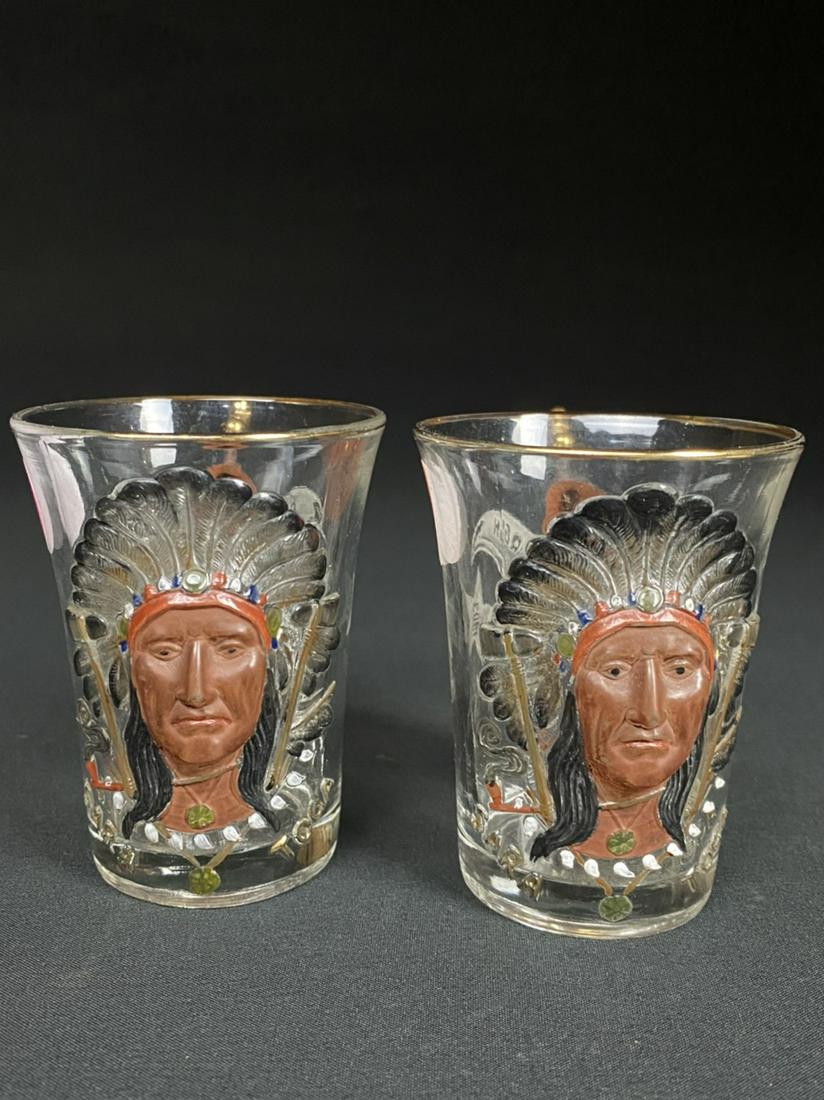 Pair of 1903 Pittsburg Lodge Glasses with Chief's: Pair of 1903 Pittsburg lodge glasses. Across the bottom of the chief "Sara Toga" is written.