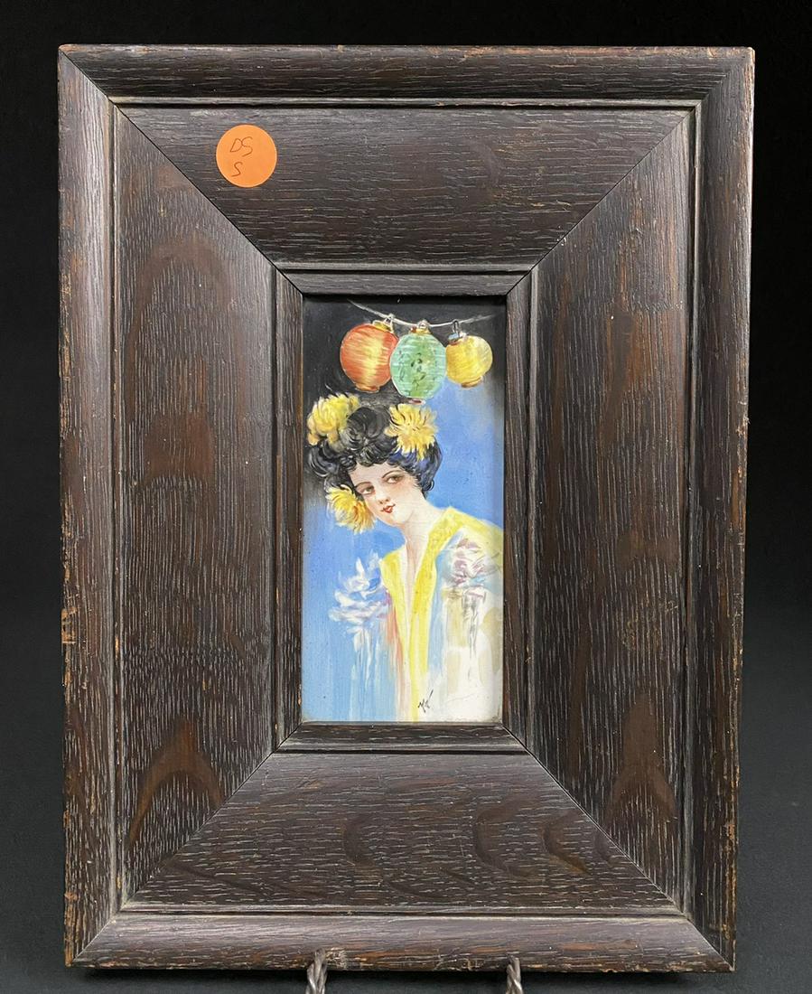 Japonesque Gibson Style Girl in Arts Crafts Frame: Hand painted tile in Arts and Crafts frame. There is a Monogram at the bottom that reads "MW". The tile was made by Anderson Ind. Tile size is 6" tall X 3" wide.