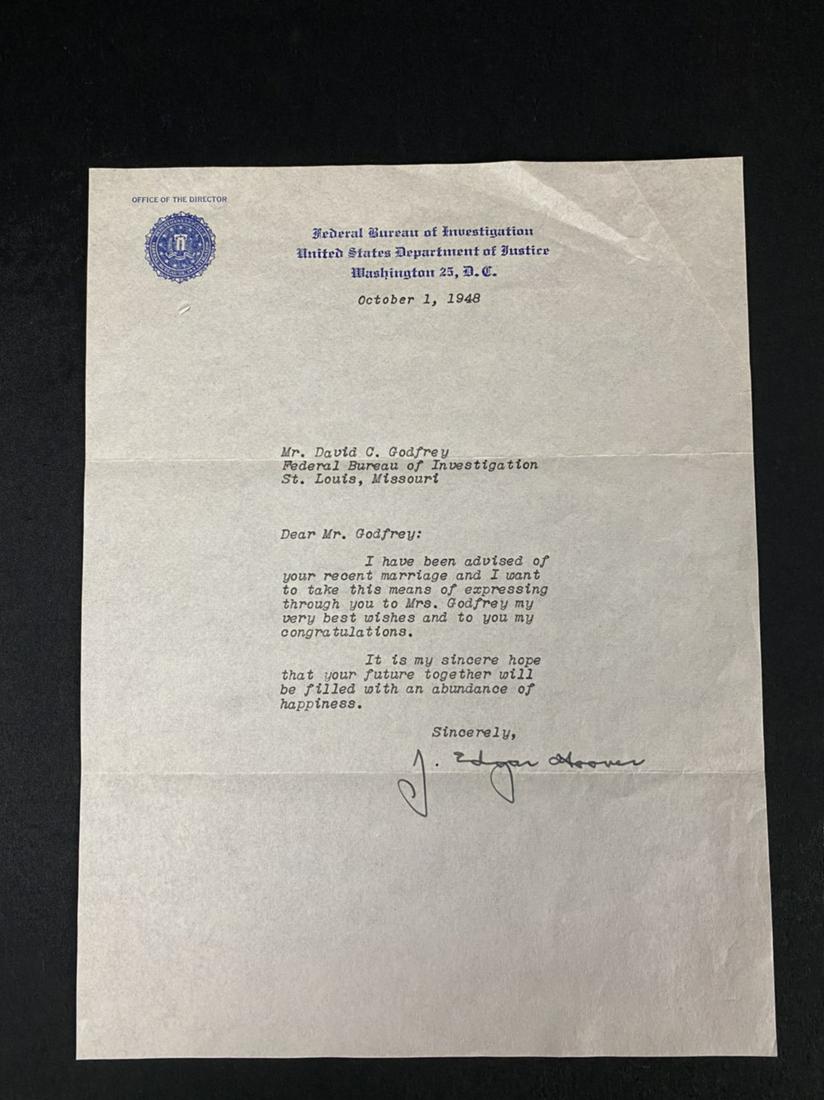 1948 J. Edgar Hoover Letter: 1948 J. Edgar Hoover letter.