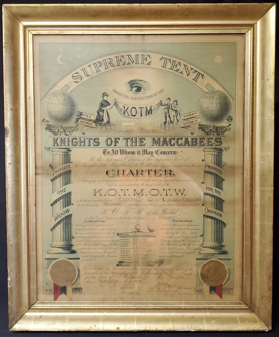 KOTM - Supreme Tent Charter - 1906 - Hannibal, MO: Knights of the Maccabees - Supreme Tent Eureka No. 1 Charter - Hannibal, MO. Dated September 4, 1906Original gold gilt frame and glass. Variously known as the Knights (and Ladies) of the Maccabees, Ma