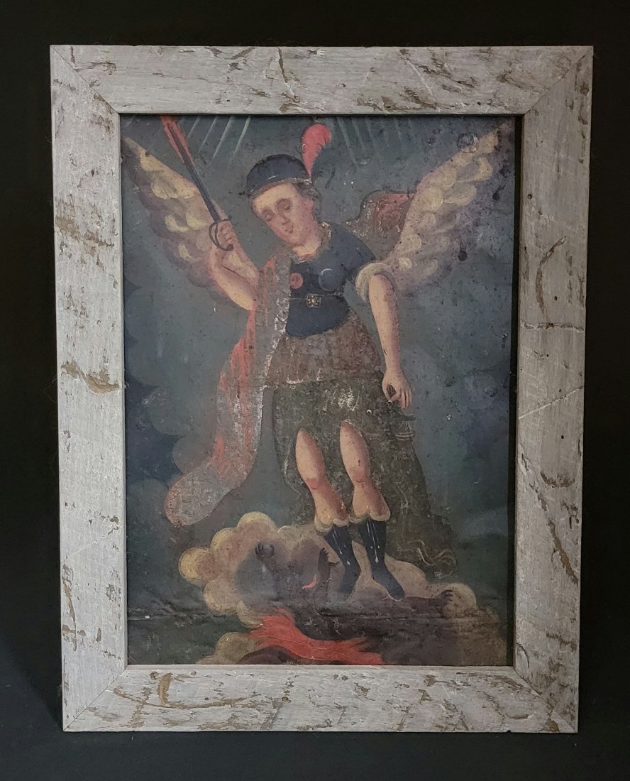 Mexican Spanish Colonial Retablo Archangel Michael: Mexican Spanish Colonial Retablo Archangel Michael Stomping dragon