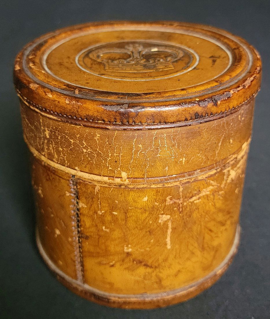 Vintage Leather Canister Made in England.: Likely a humidor, circa first quarter of the 20th Century.