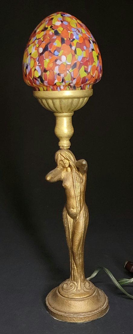 Art Deco Lamp with End of Days Glass, and Extras: Jazz Age featuring a lounging, undressed female. Lamp is functional, but updated. Cord looks to have been replaced at some point in the late 60s, early 70s.