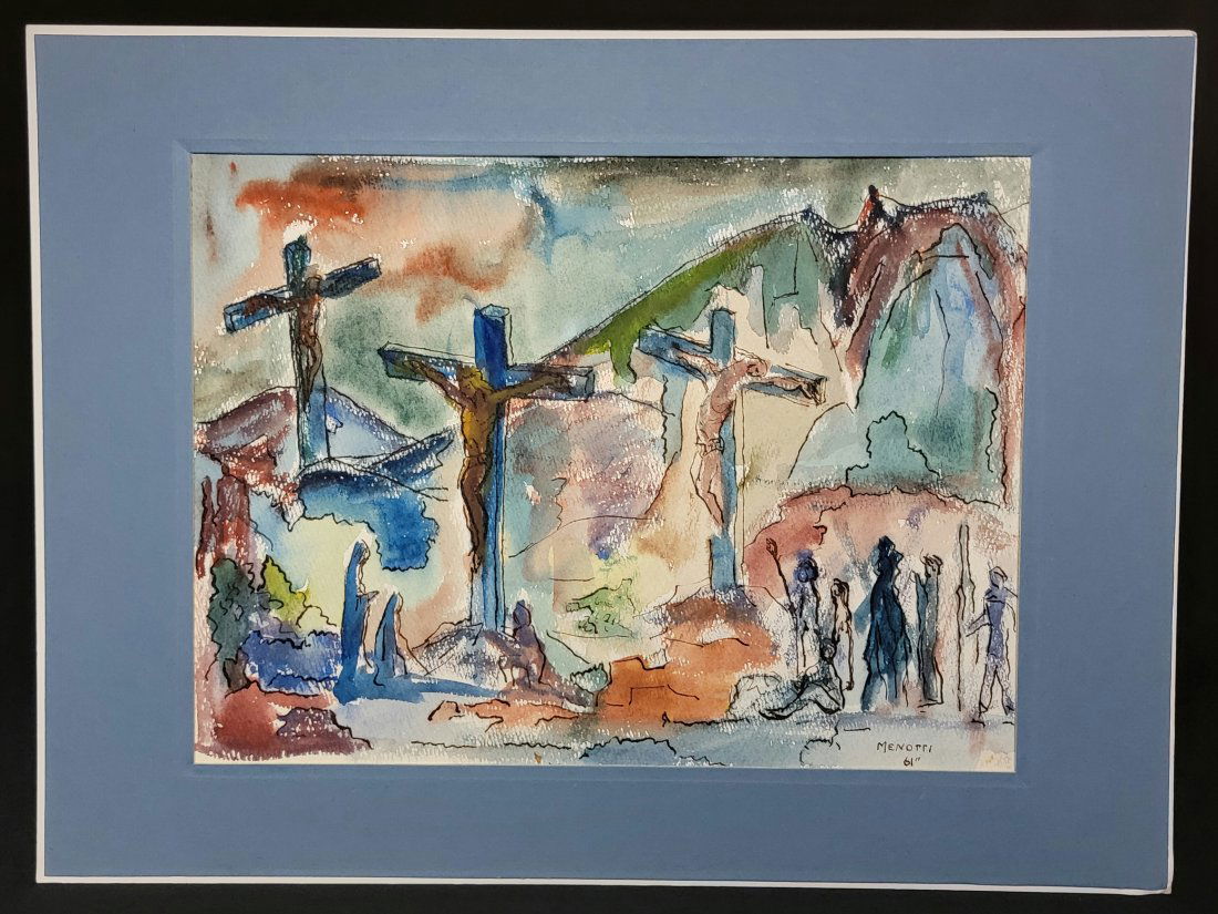 W/C Depicting Crucifixion Signed//Dated. Menotti '61 (1 of 4)