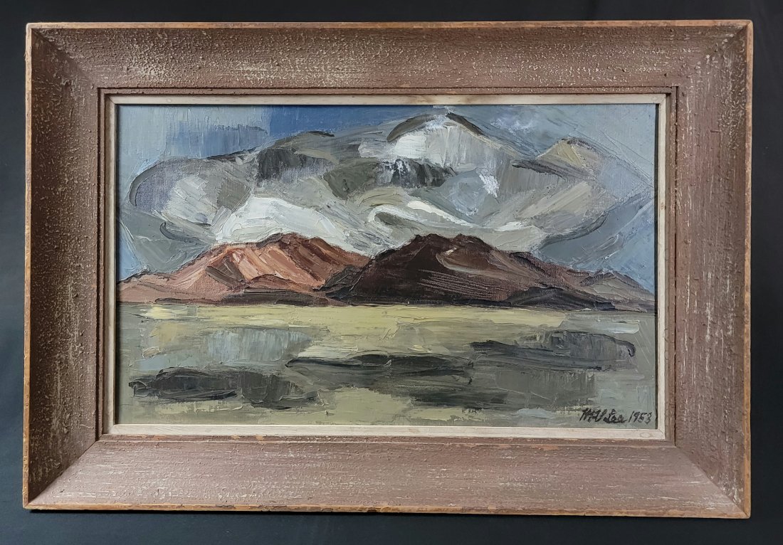 Mid- Century Oil on Canvas Signed/Dated M.V. Lea 1953: Far west mountain landscape, probably California or Nevada.