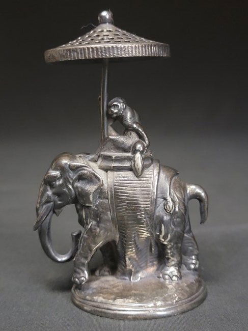 Vintage Silver Plated Cristofle Toothpick Holder: In Anglo-Indian style, with monkey astride elephant, shaded by oversized parasol.