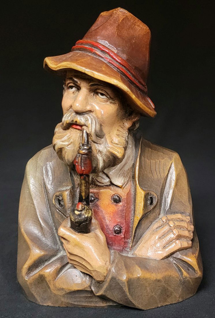 Vintage Hand Carved Bust - Man w/ pipe - Bavaria (1 of 6)
