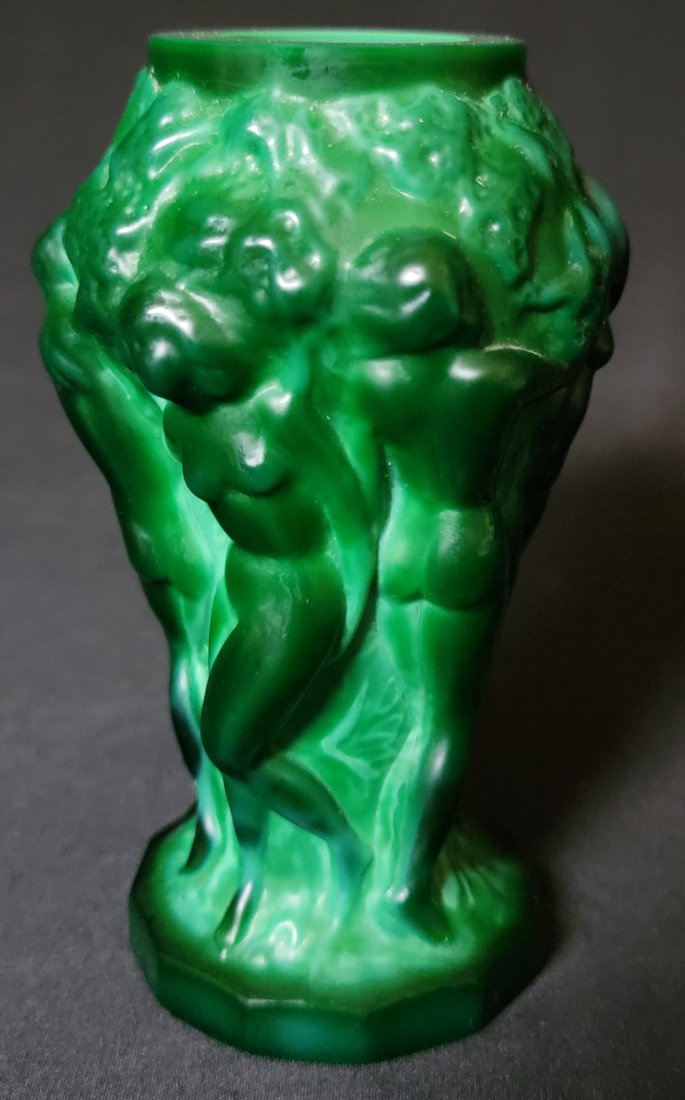 Superb 1930s Malachite Glass Vase: Extraordinary Depression Era vase of green glass malachite by Curt Schlevogt, and Heinrich Hoffman. Piece stands approximately 5". Design features include a troupe of nude dancing Bacchantes, (female