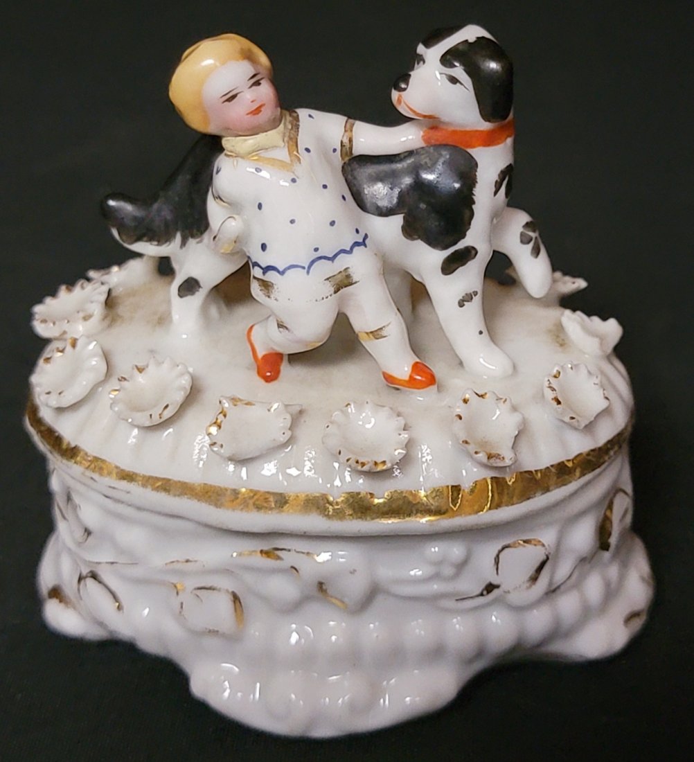 German Lidded Fairing Box with boy and dog, C.1880 (1 of 6)