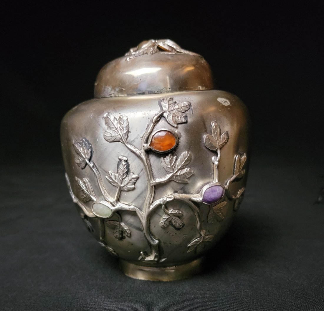 Antique Chinese Ginger Jar: Late 19th Century Antique Chinese Pewter (plated) Ginger Jar with Jade, Carnelian, and Amethyst Cabochons.