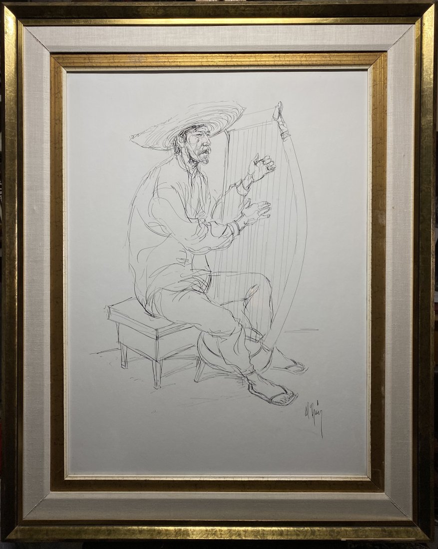 Alberta Ruiz Vela Ink Drawing of Musician: Nicely framed ink drawing on Artist board by Al Ruiz. The Artist board is F.J. Head Water Color Board made by National Card, Mat & Board Company. Sight size is 27.5 by 20 inches. The size with the fra