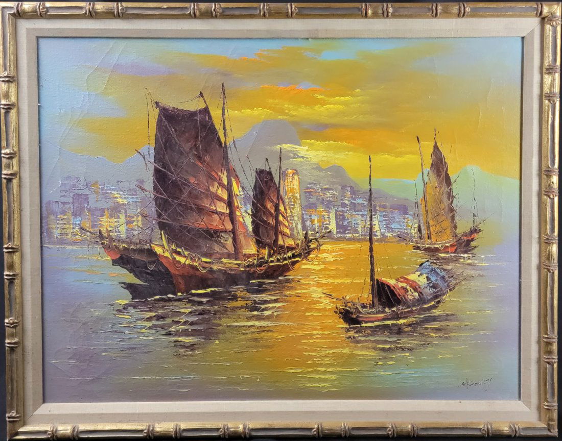 Original O/C, C Fishing boats in Harbor -signed "Henry" (1 of 6)