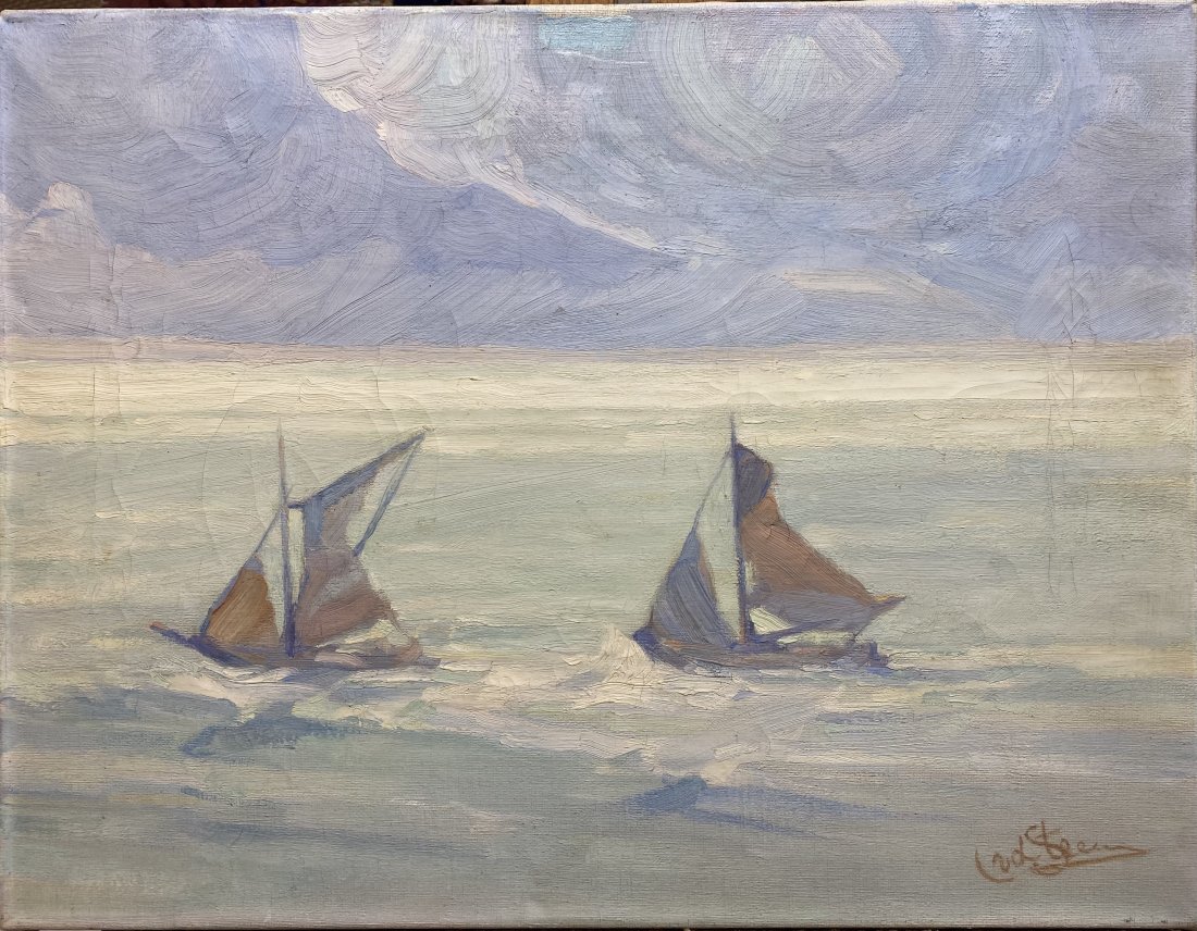 L. Van Der Steen Oil on Canvas Seascape with Sailboats: Antique impressionist seascape with sail boats Signed lower right L. Van Der Steen. The oil painting is stretched on itâ€™s original stretcher bars. Written on the back is the artists name again.