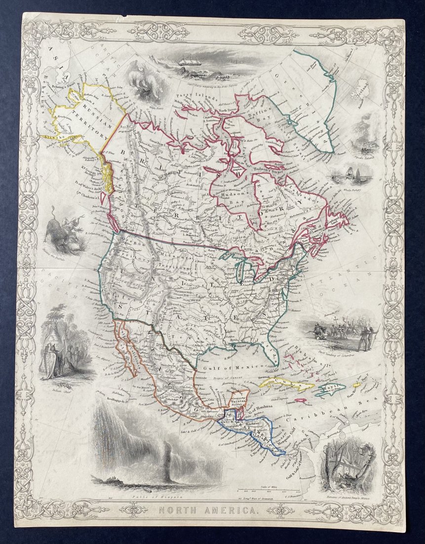 Antique Map of North America by G. Virtue, circa 1860: Antique Map of North America by G. Virtue, circa 1860. This steel engraving of North America has hand done outline color. There are decorative vignettes including Polar Bears, Capt. Parry Wintering in
