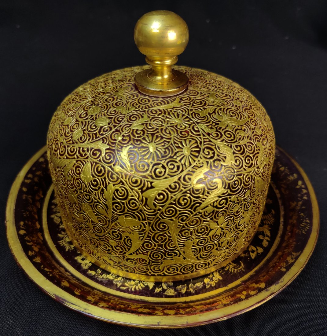 "Attributed to Moser" cranberry and Gold Enamel Covered Butter Dish (1 of 5)