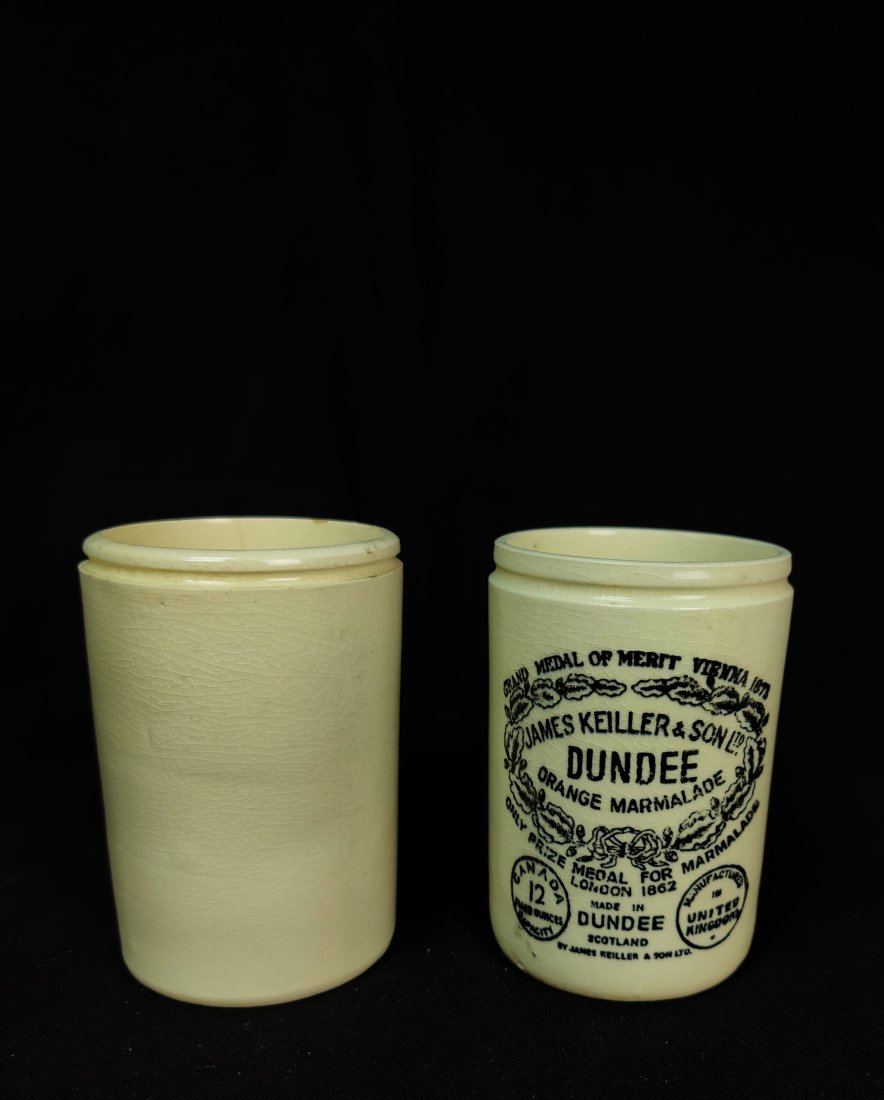 Set of Two Antique Marmalade Jars: Set of two marmalade jars both made in England. One is blank and one is branded