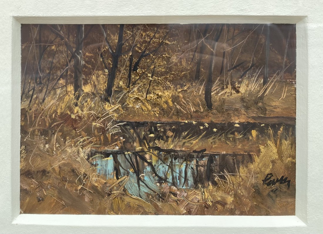 Steven Perucca Autumn Insight heavy impasto oil painting: Steven Perucca heavy impasto oil on board titled Autumn Insight. There is a Tag on the back that lists the title as autumn insight. The painting is nicely framed in a mid century frame and the site si