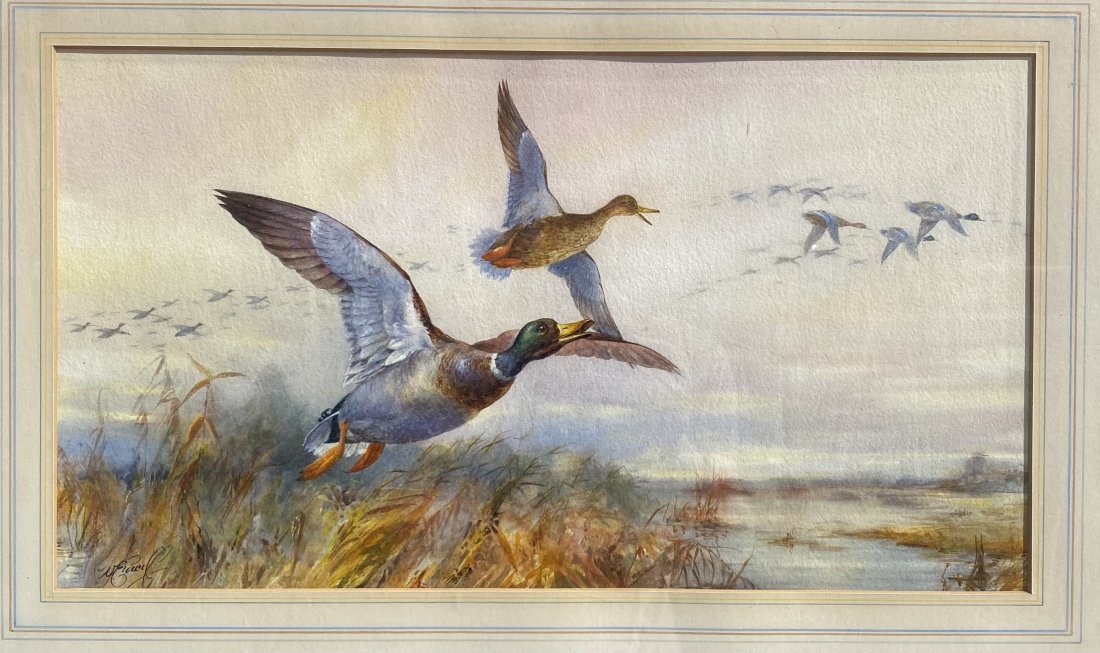 William Edward Powell water color painting of ducks in gold frame: William Edward Powell water color painting of ducks in gold frame. The water color is Cynd in the lower left corner.