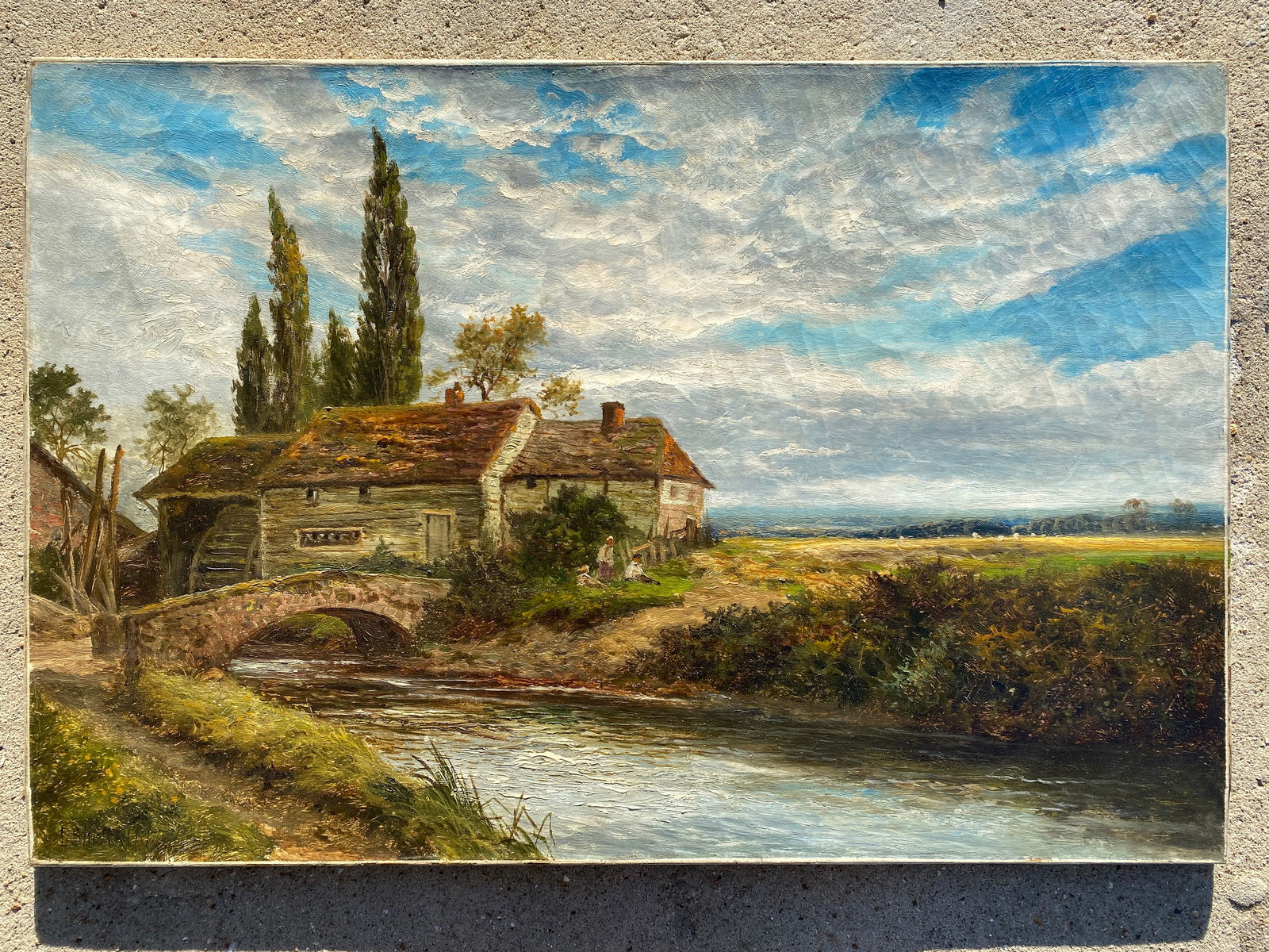 Daniel Sherrin O/C The Mill by Fleet Landscape Painting: Antique oil on canvas painting by Daniel Sherrin. There is a title on the back, which reads The Mill by Fleet. The canvas size is 24 inches tall by 36 inches wide. The Painting is signed in the lower