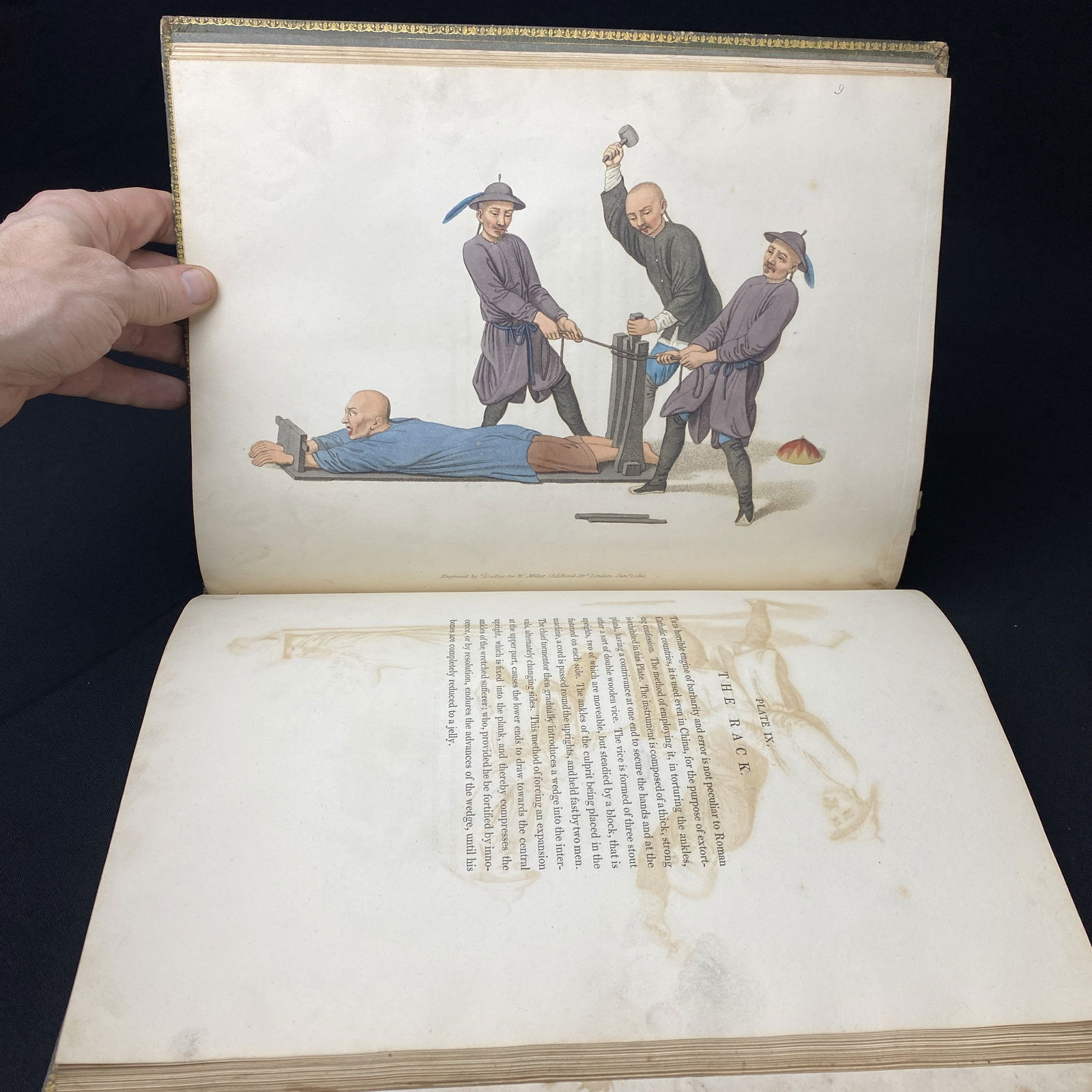 The Punishments of China Leather Hand Colored Illustrations 1801: The Punishments of China Illustrated by Twenty-Two Engravings: With Explanations in English and French. Published in London and Printed for William Miller 1801. The illustrations are hand colored.