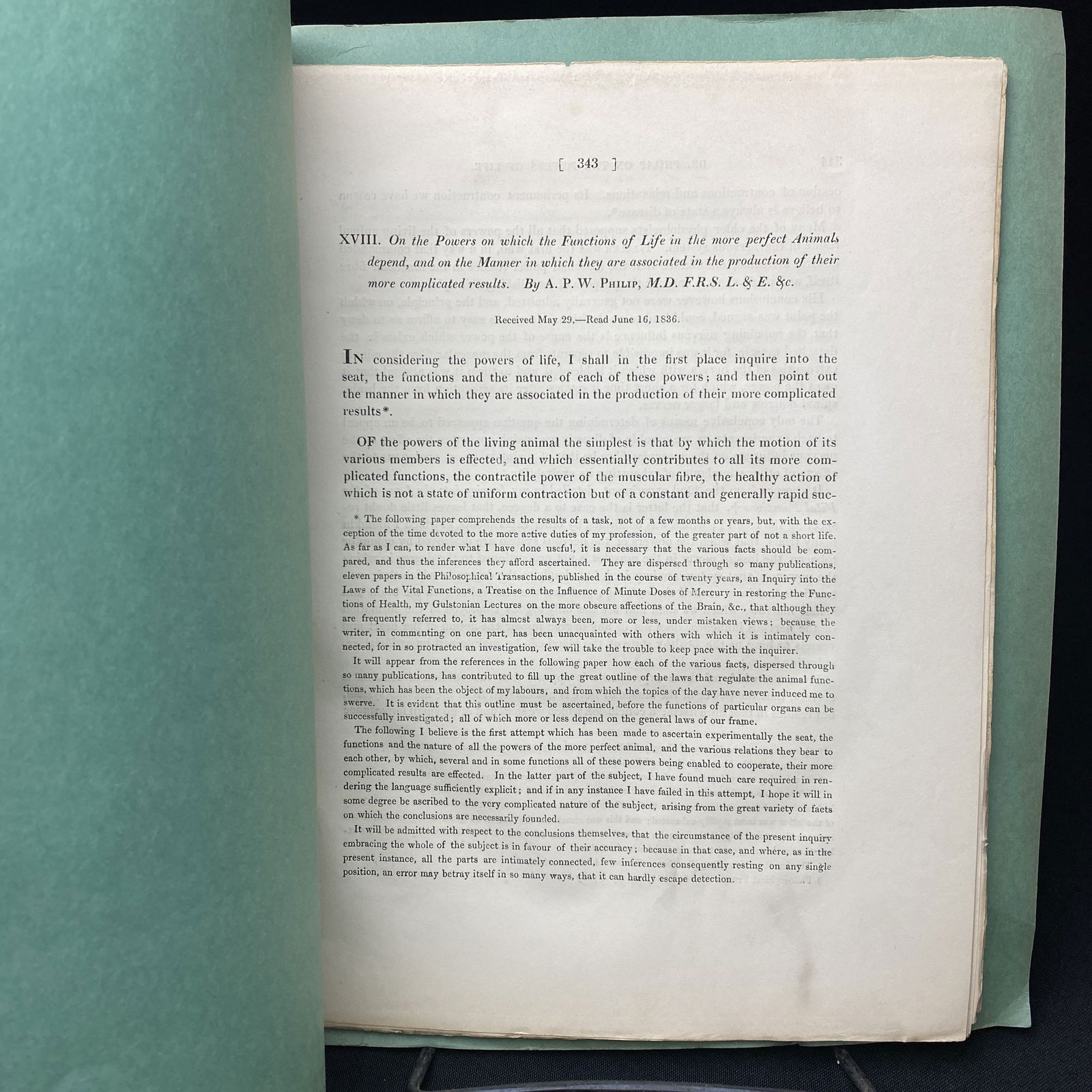 Antique Scientific Paper by Dr. Philip on The Powers of Life 1836: Antique scientific paper by Dr. Philip On the Powers on which the Functions of Life in the more perfect Animals depend, and on the Manner in which they are associated in the production of their more c